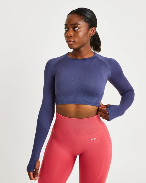 AYBL Balance V2 Seamless Long Sleeve Crop Top Navy Blau | 680-OWJPZG