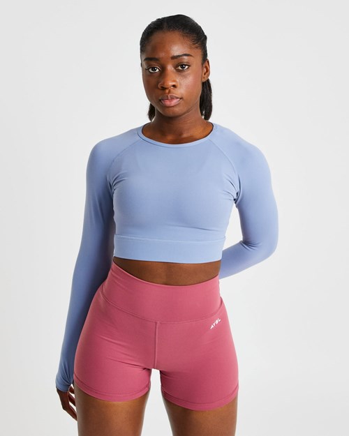 AYBL Core Long Sleeve Crop Top Blau | 305-JTPIHQ