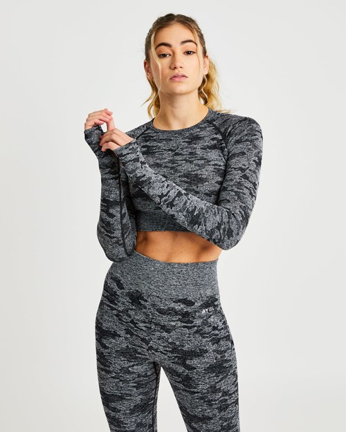 AYBL Evolve Camo Seamless Long Sleeve Crop Top Schwarz | 238-UVKMEI