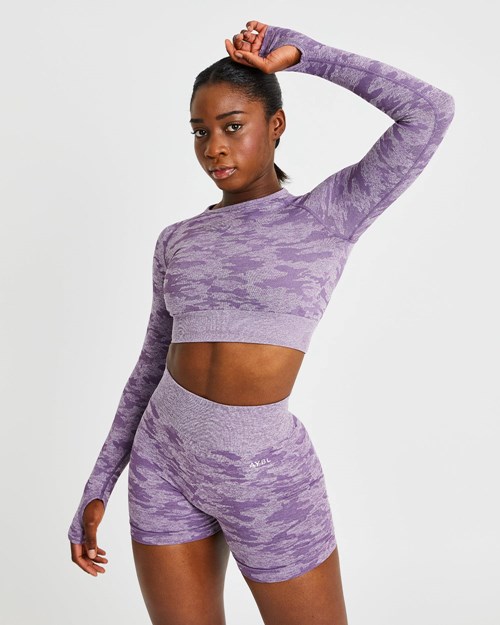 AYBL Evolve Camo Seamless Long Sleeve Crop Top Plum | 423-YOHKXF