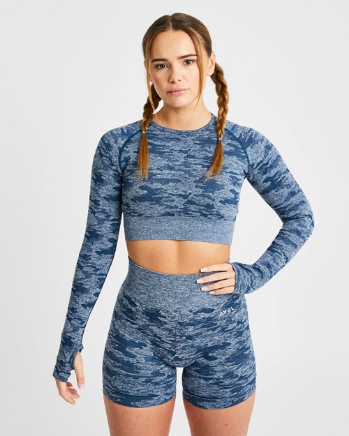 AYBL Evolve Camo Seamless Long Sleeve Crop Top Teal | 486-VHMIWF