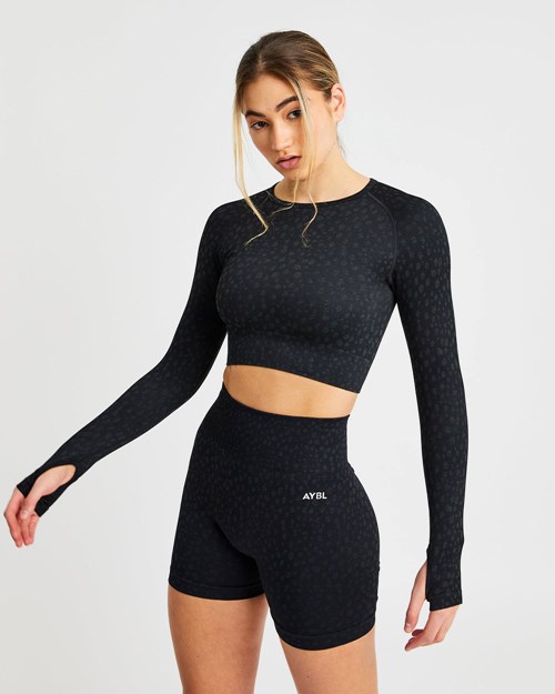 AYBL Evolve Speckle Seamless Long Sleeve Crop Top Schwarz | 346-ZFDONI