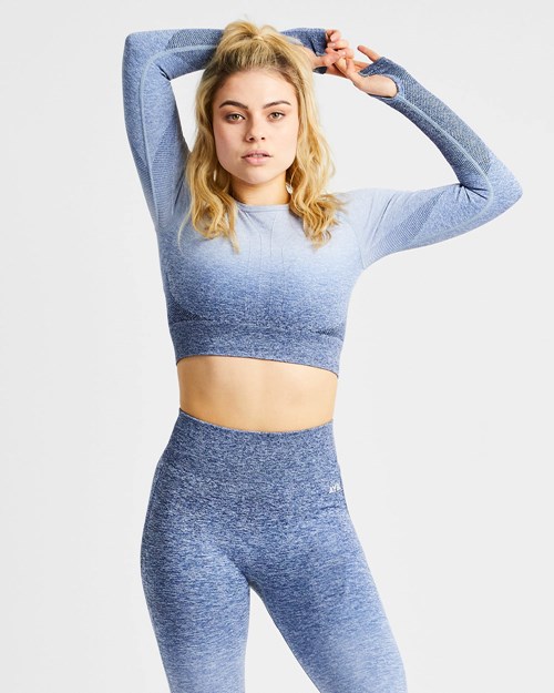 AYBL Pulse Ombré Seamless Long Sleeve Crop Top Navy | 257-AJWQFZ