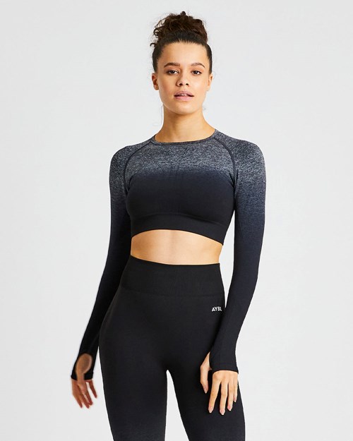 AYBL Pulse Ombré Seamless Long Sleeve Crop Top Black/Grey | 270-TZVCBR