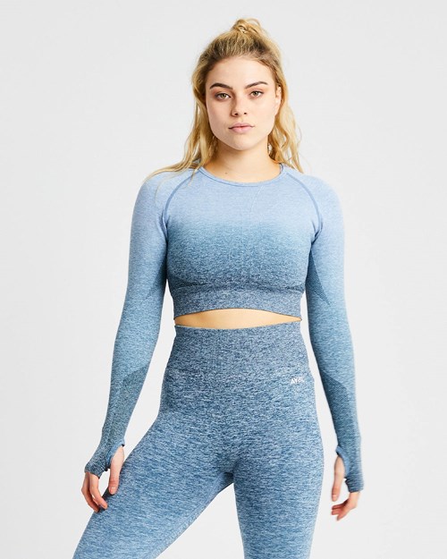 AYBL Pulse Ombré Seamless Long Sleeve Crop Top Teal | 904-KOJRFE