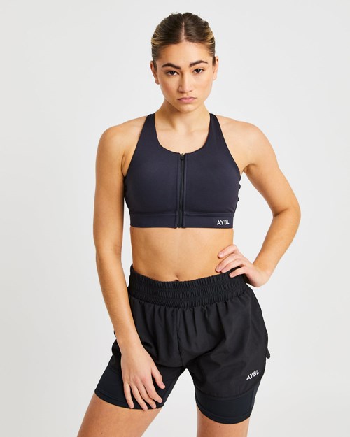 AYBL Sportive Zip Up Sports Bra Schwarz | 654-NDESZC