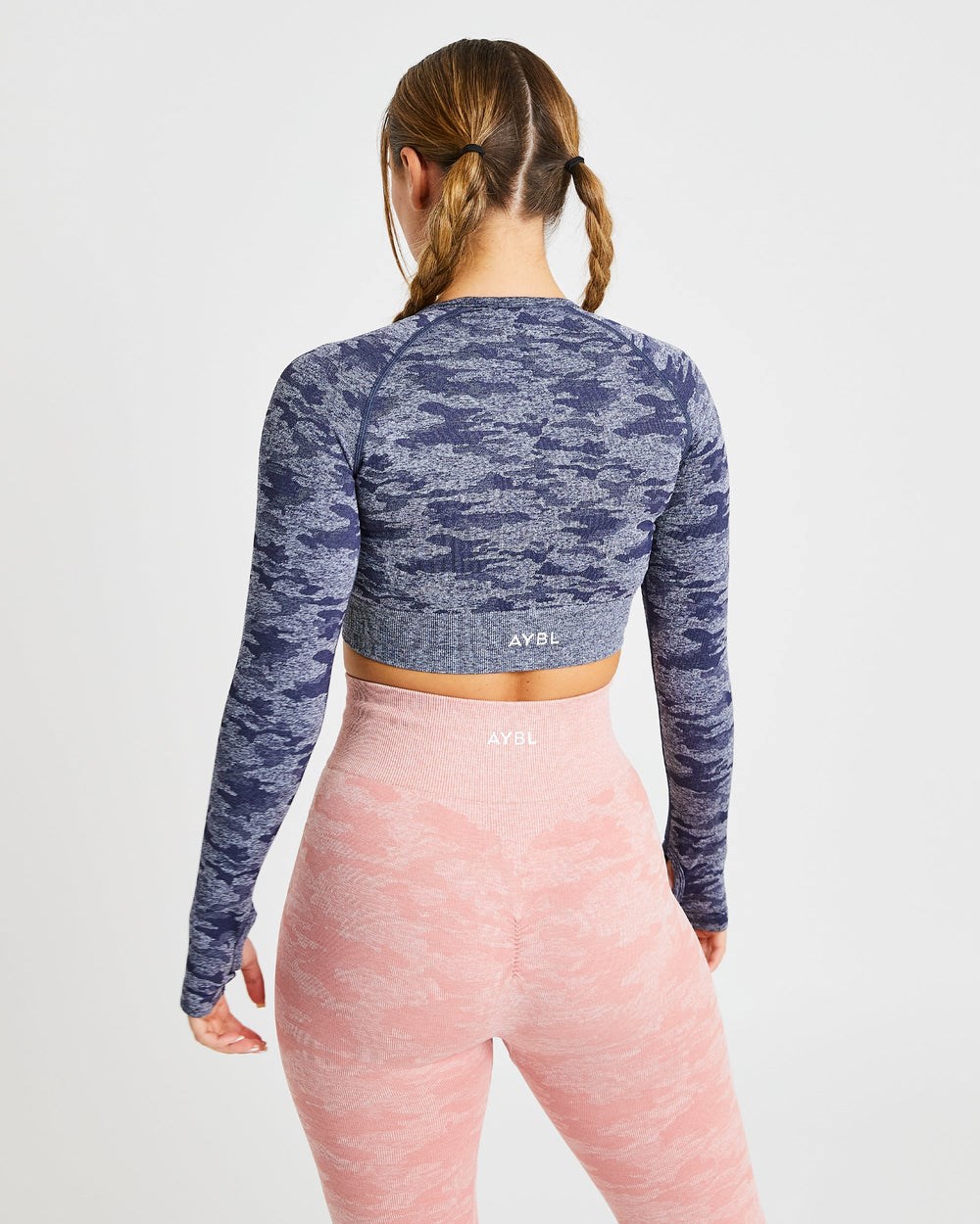 AYBL Evolve Camo Seamless Long Sleeve Crop Top Navy | 426-EHMCOB