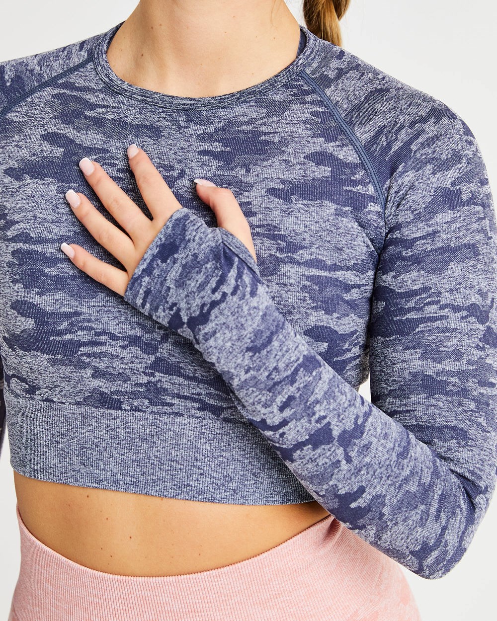 AYBL Evolve Camo Seamless Long Sleeve Crop Top Navy | 426-EHMCOB