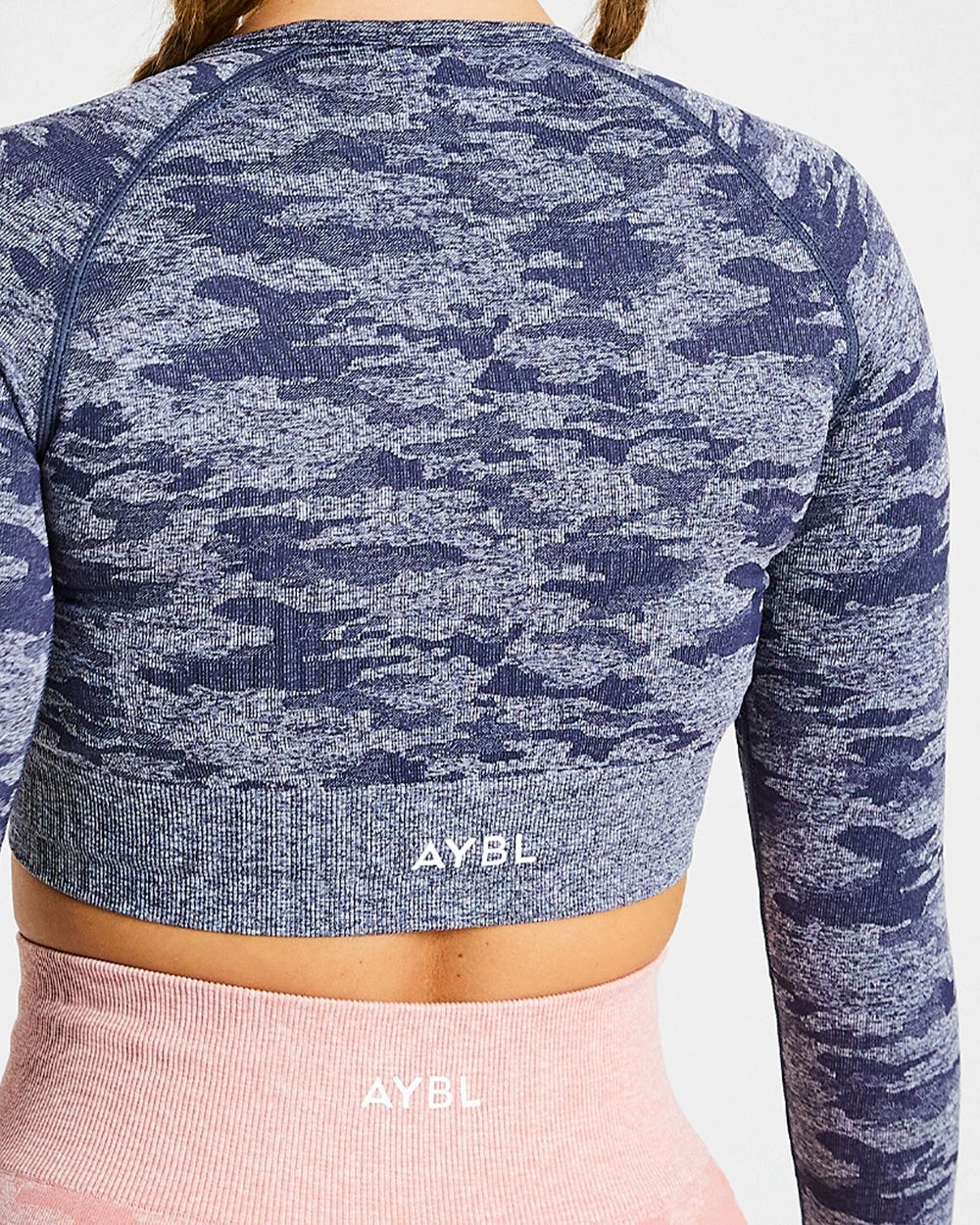 AYBL Evolve Camo Seamless Long Sleeve Crop Top Navy | 426-EHMCOB