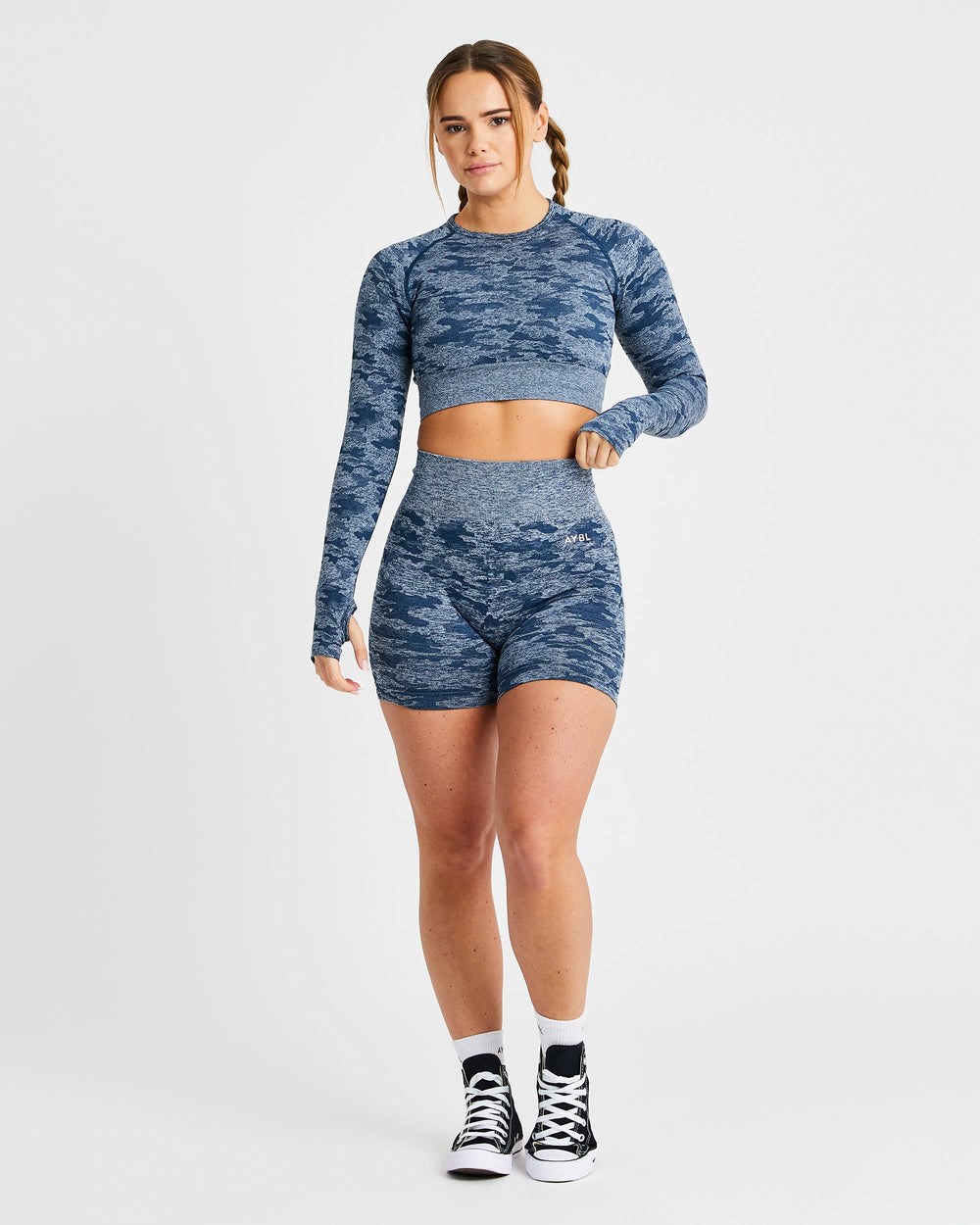 AYBL Evolve Camo Seamless Long Sleeve Crop Top Teal | 486-VHMIWF