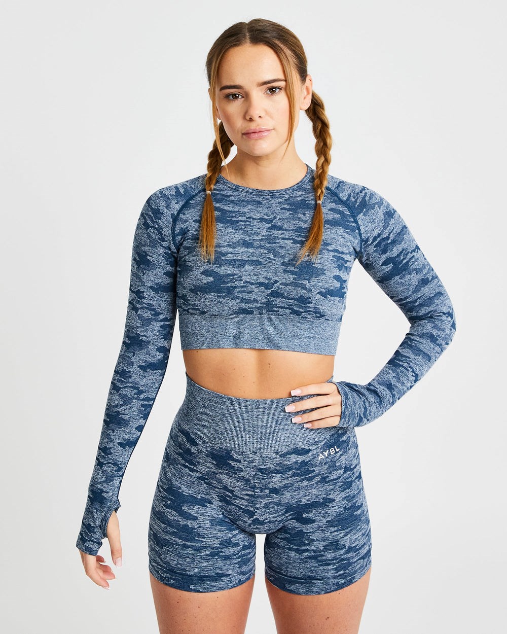 AYBL Evolve Camo Seamless Long Sleeve Crop Top Teal | 968-TMYAPJ