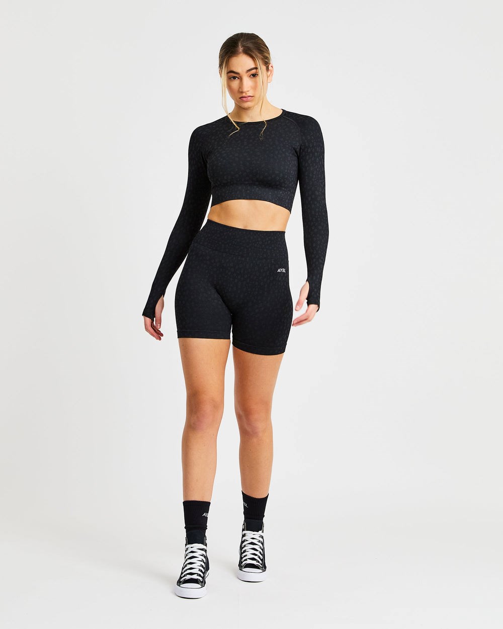 AYBL Evolve Speckle Seamless Long Sleeve Crop Top Schwarz | 038-SHGWYK