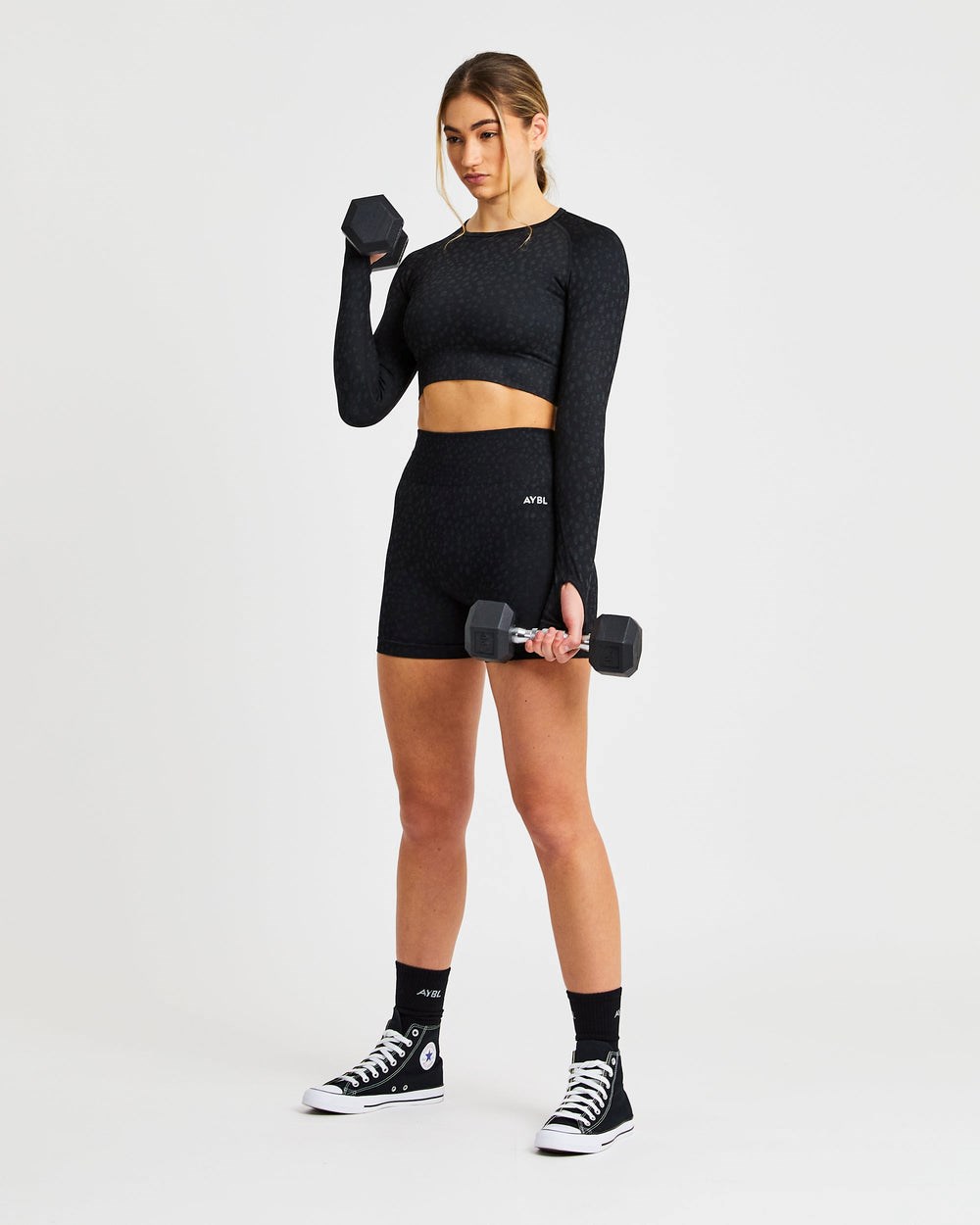 AYBL Evolve Speckle Seamless Long Sleeve Crop Top Schwarz | 038-SHGWYK