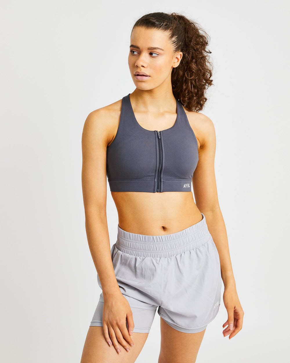 AYBL Sportive Zip Up Sports Bra Charcoal | 162-MKCYHQ